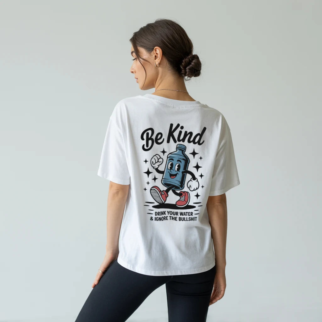 Be Kind (Backprint) Oversized T-Shirt White – Steel Spirit, worn by female model in studio setting