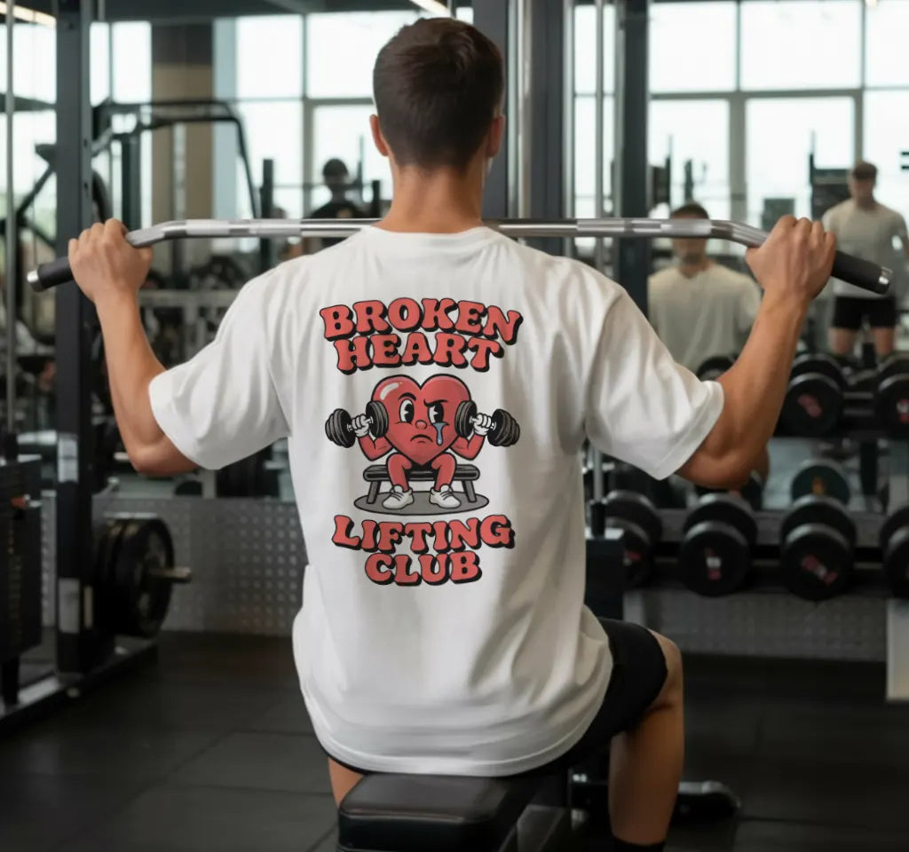 Broken Heart Lifting Club (Backprint) Oversized T-Shirt White Gym Model Steel Spirit
