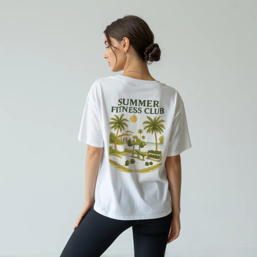 Summer Fitness Club (Backprint) Oversized T-Shirt White Model - Steel Spirit