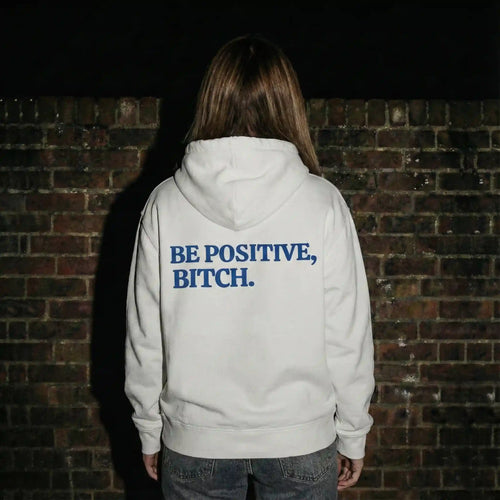 Be Positive Bitch Oversized Hoodie White Female Model - Steel Spirit