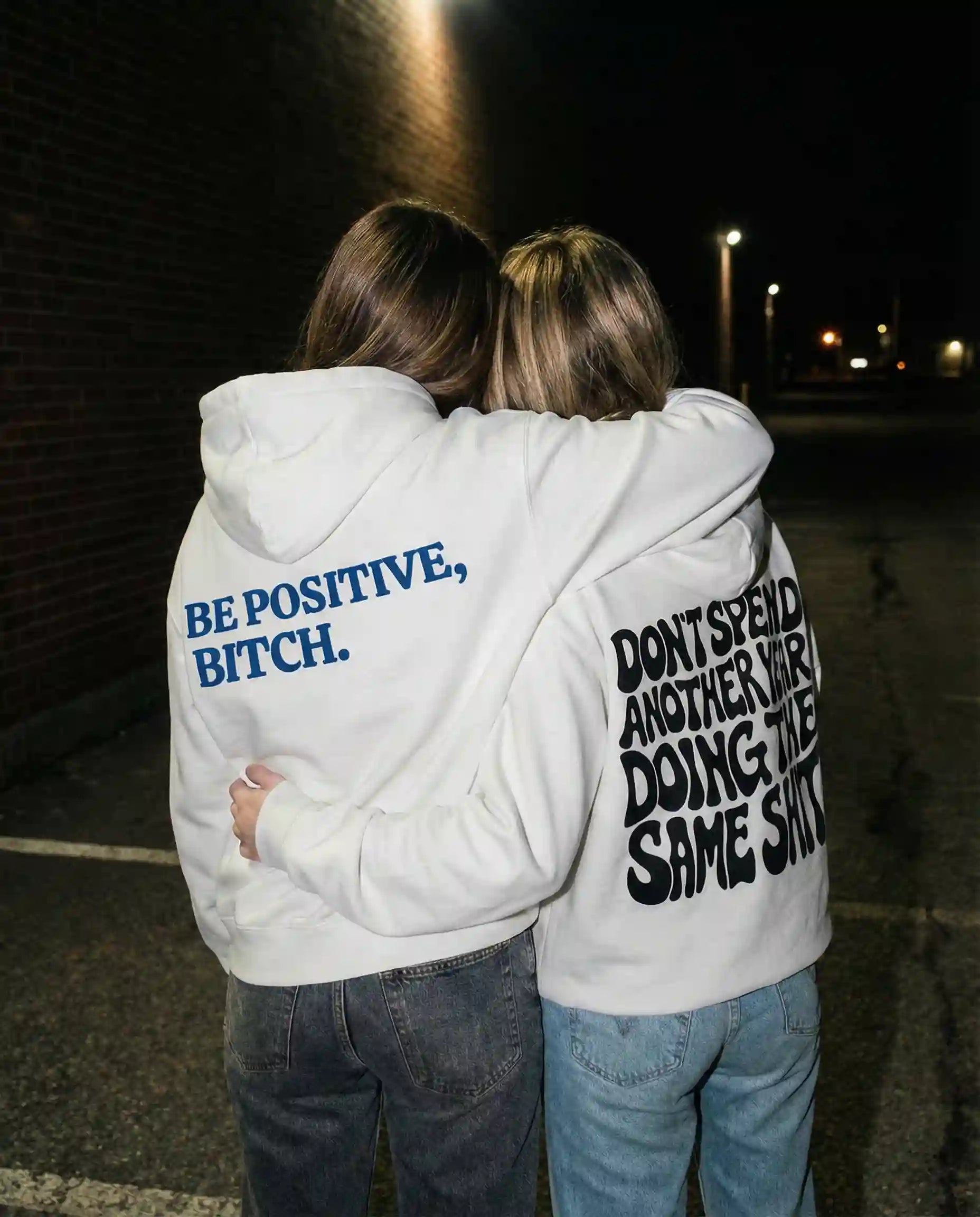 Be Positive Bitch Oversized Hoodie White Female Models - Steel Spirit