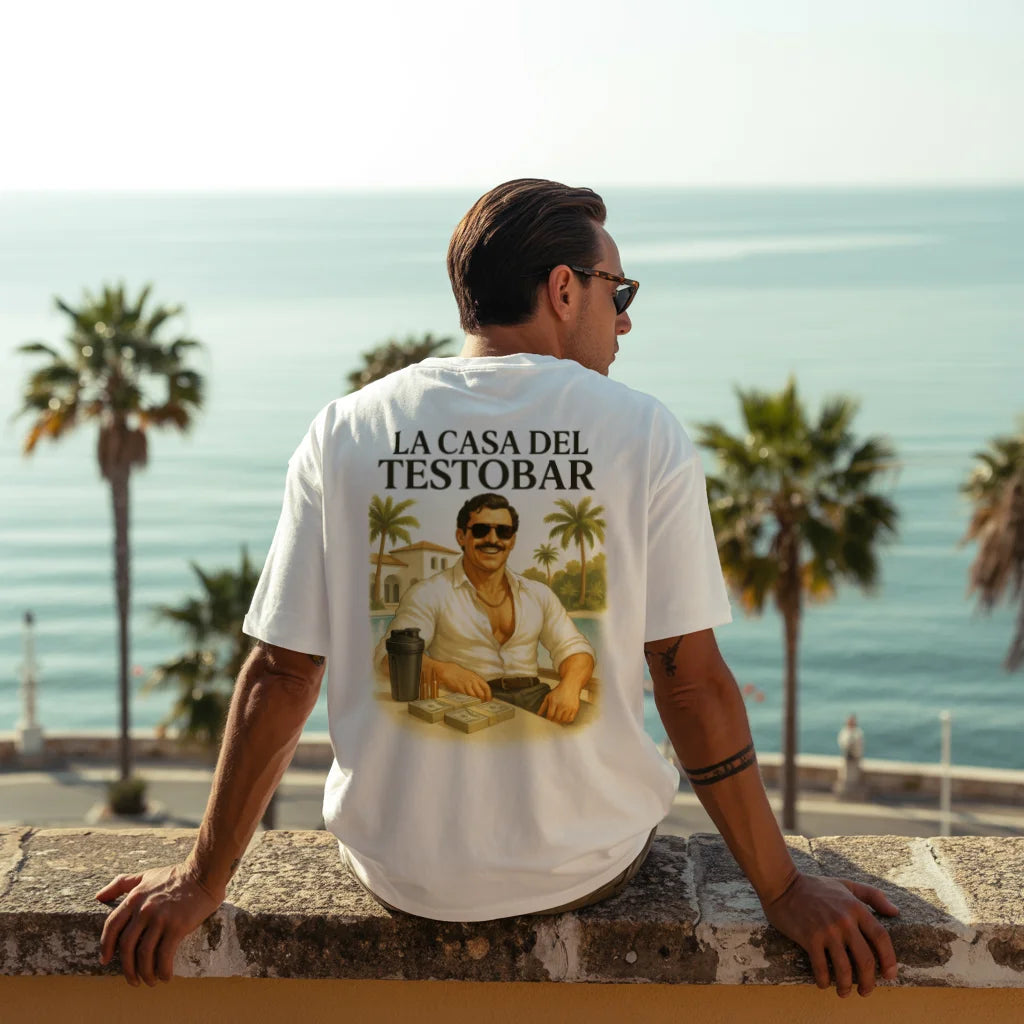 La Casa del Testobar (Backprint) Oversized T-Shirt White worn by male model – Steel Spirit